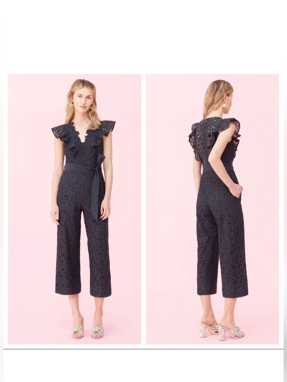 Rebecca Taylor Ariana Eyelet Navy Jumpsuit Ruffle Flutter sleeves no belt